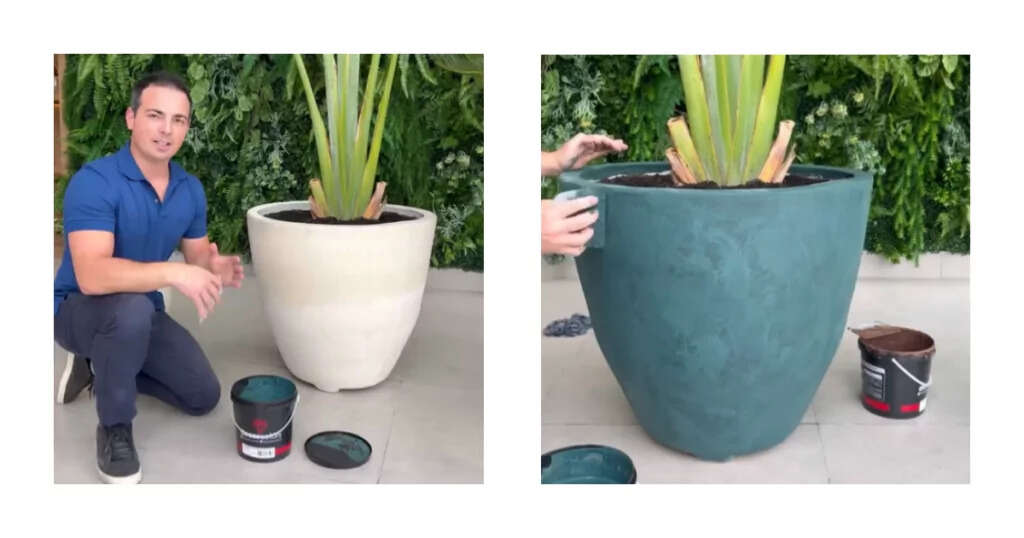 duas imagens de aplicação de cimento queimado em vasos de plantas