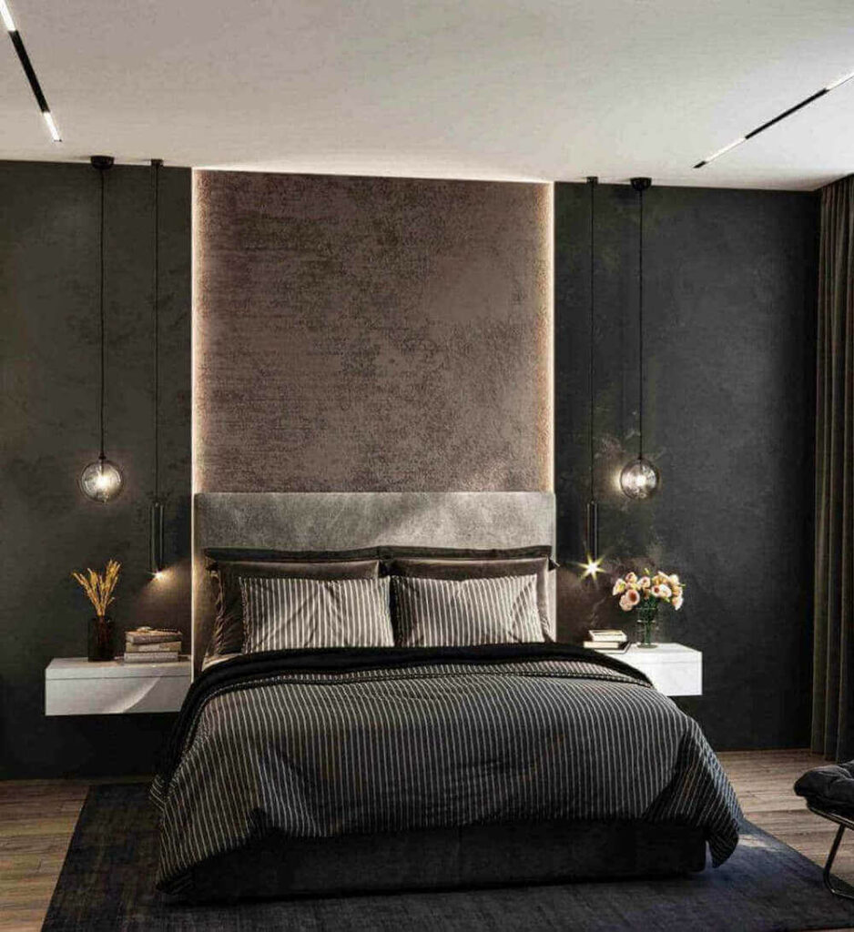 decoração de quarto escura com cama listrada e itens decorativos