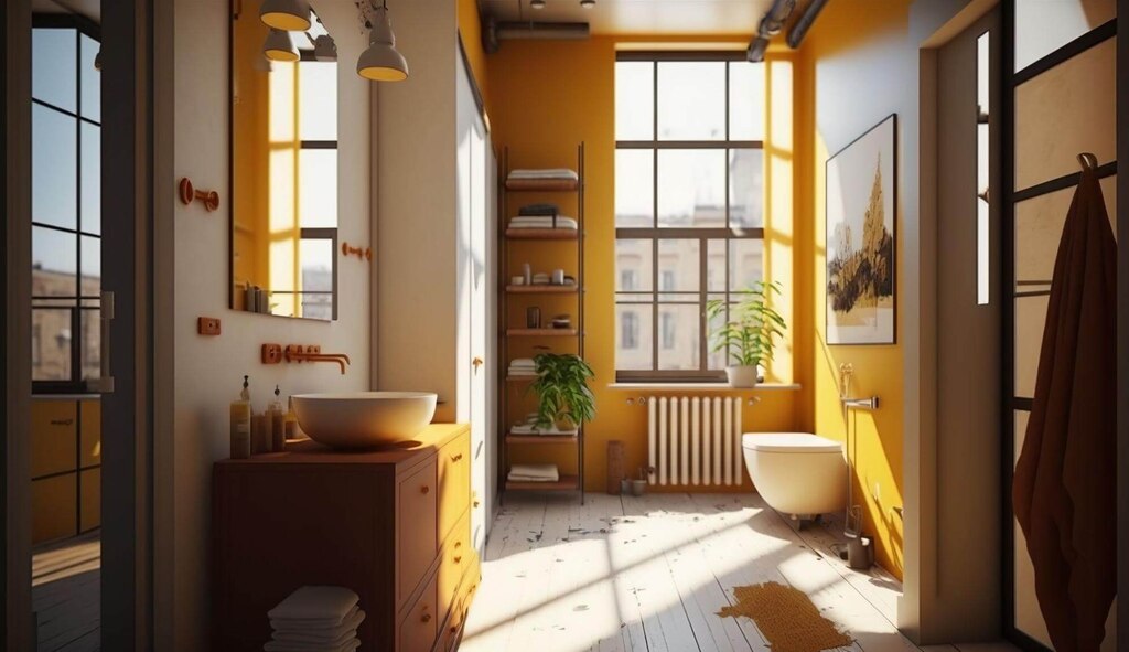 banheiro pintado com tons de amarelo para parede